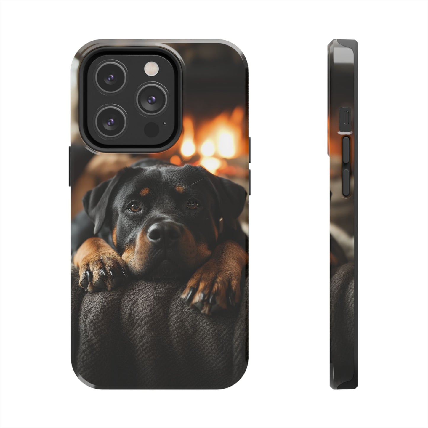 Cozy Rottweiler by the Fireplace iPhone Case – Warm Rustic Design