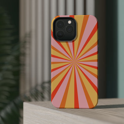 Bold Retro Sunburst MagSafe iPhone Case – Vibrant 70s-Inspired Rays in Orange, Pink, and Yellow