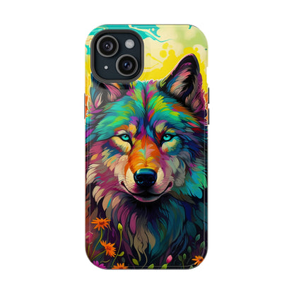 Rainbow Wolf in Bloom – MagSafe iPhone Case with Nature-Inspired Design