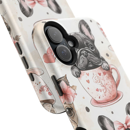 French Bulldogs in Teacups MagSafe iPhone Case – Cute Dog Design with Hearts & Bows, Shockproof & Slim