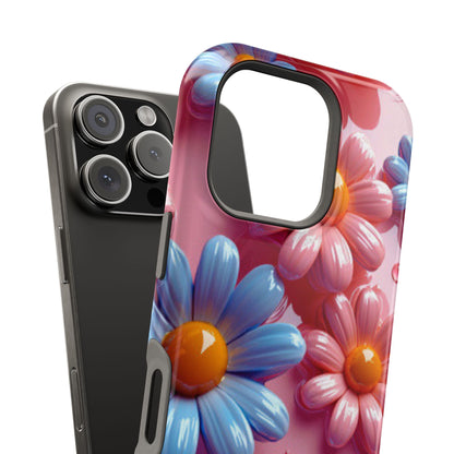 Pastel Daisy 3D MagSafe iPhone Case – Glossy Pink and Blue Floral Design, Full Protection