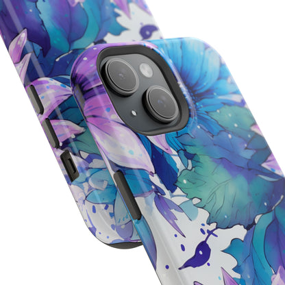 Purple & Teal Watercolor Floral MagSafe iPhone Case - Artistic Flower Design