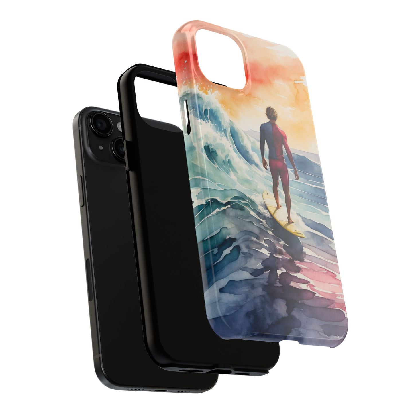 Surfer’s Sunset Wave iPhone Case – Vibrant Watercolor Design