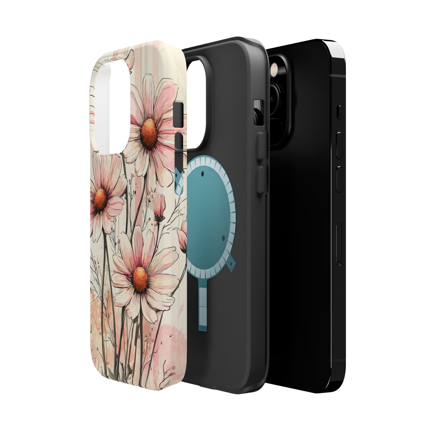 Pastel Pink Daisy MagSafe iPhone Case - Elegant Floral Plaid Protective Cover