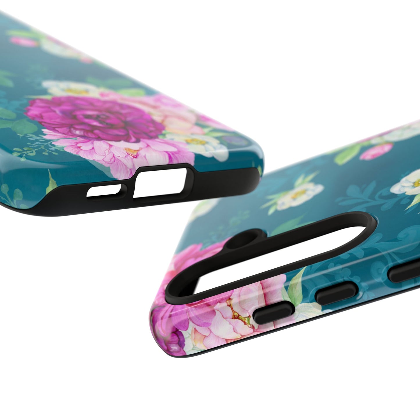 Elegant Peony Bouquet Samsung Galaxy Case – Deep Teal Background with Romantic Floral Design