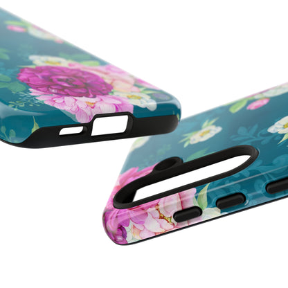 Elegant Peony Bouquet Samsung Galaxy Case – Deep Teal Background with Romantic Floral Design