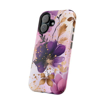 Elegant Purple & Gold Floral MagSafe iPhone Case - Luxe Flower Design