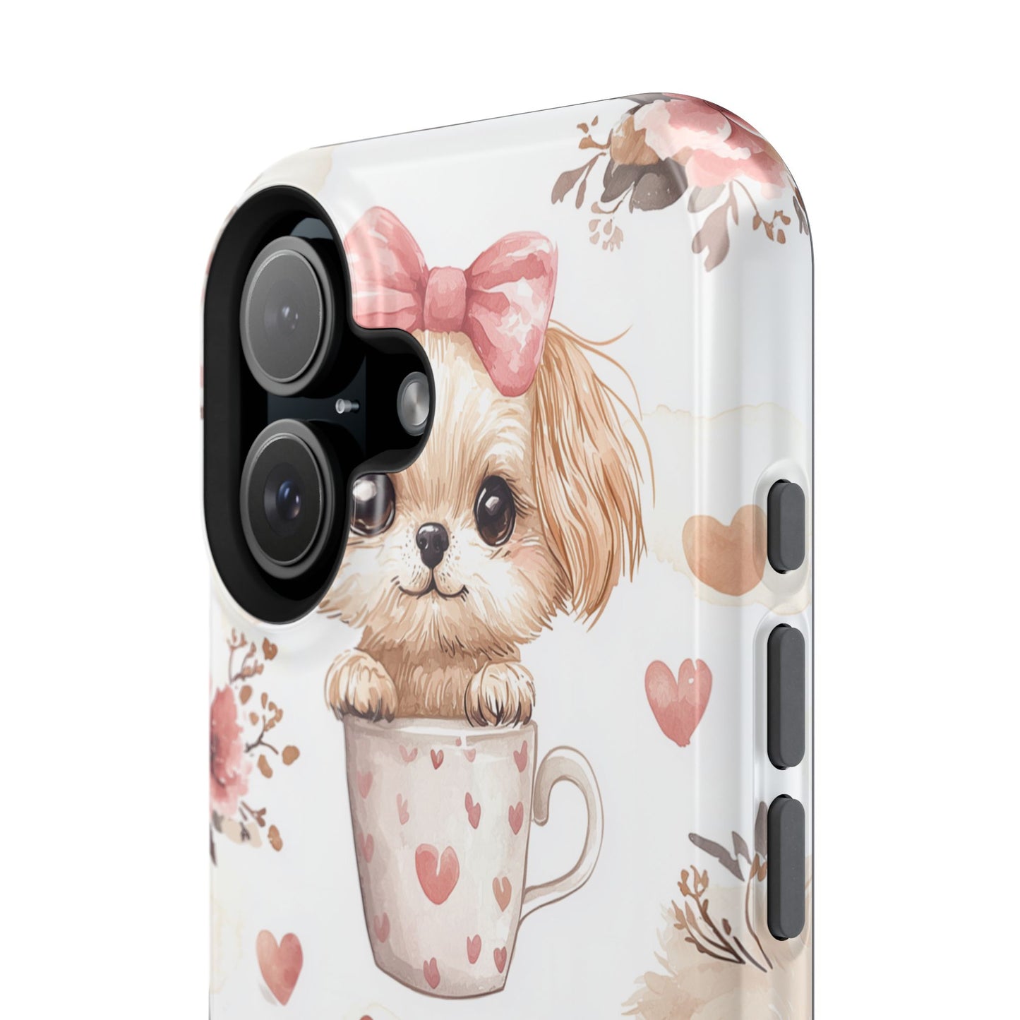 Cute Puppies in Heart MagSafe iPhone Case – Adorable Dog & Floral Design, Shockproof & Slim