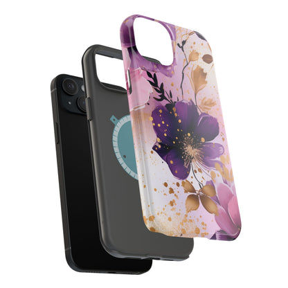 Elegant Purple & Gold Floral MagSafe iPhone Case - Luxe Flower Design