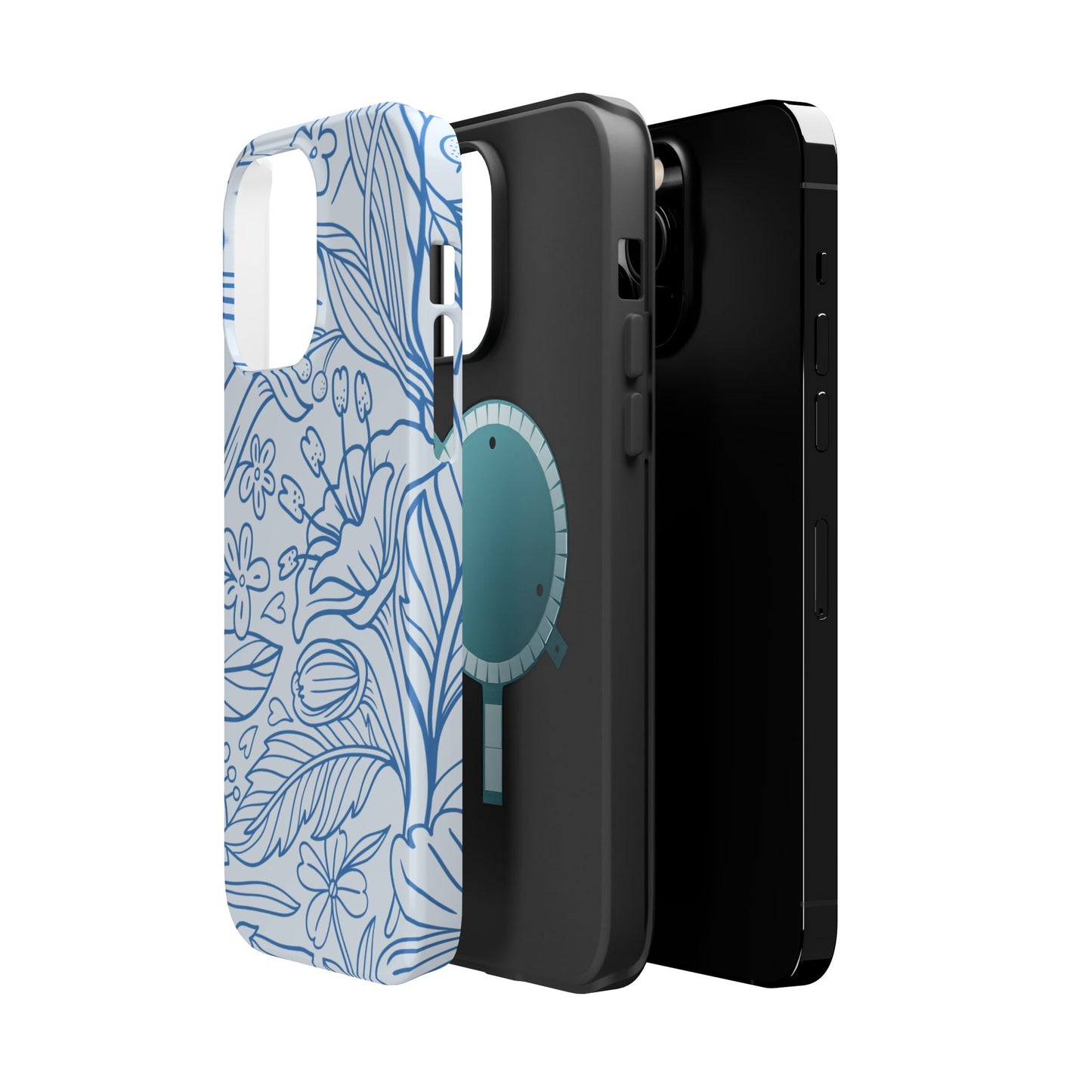 Dusty Blue Floral Line Art Tough MagSafe iPhone Case – Minimalist Botanical Design with Dual-Layer Protection