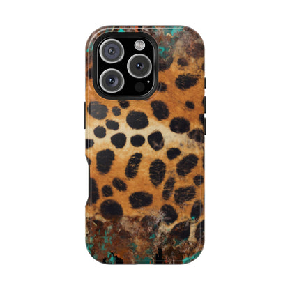 Rustic Leopard Print Tough MagSafe iPhone Case – Distressed Turquoise and Animal Pattern with Dual-Layer Protection