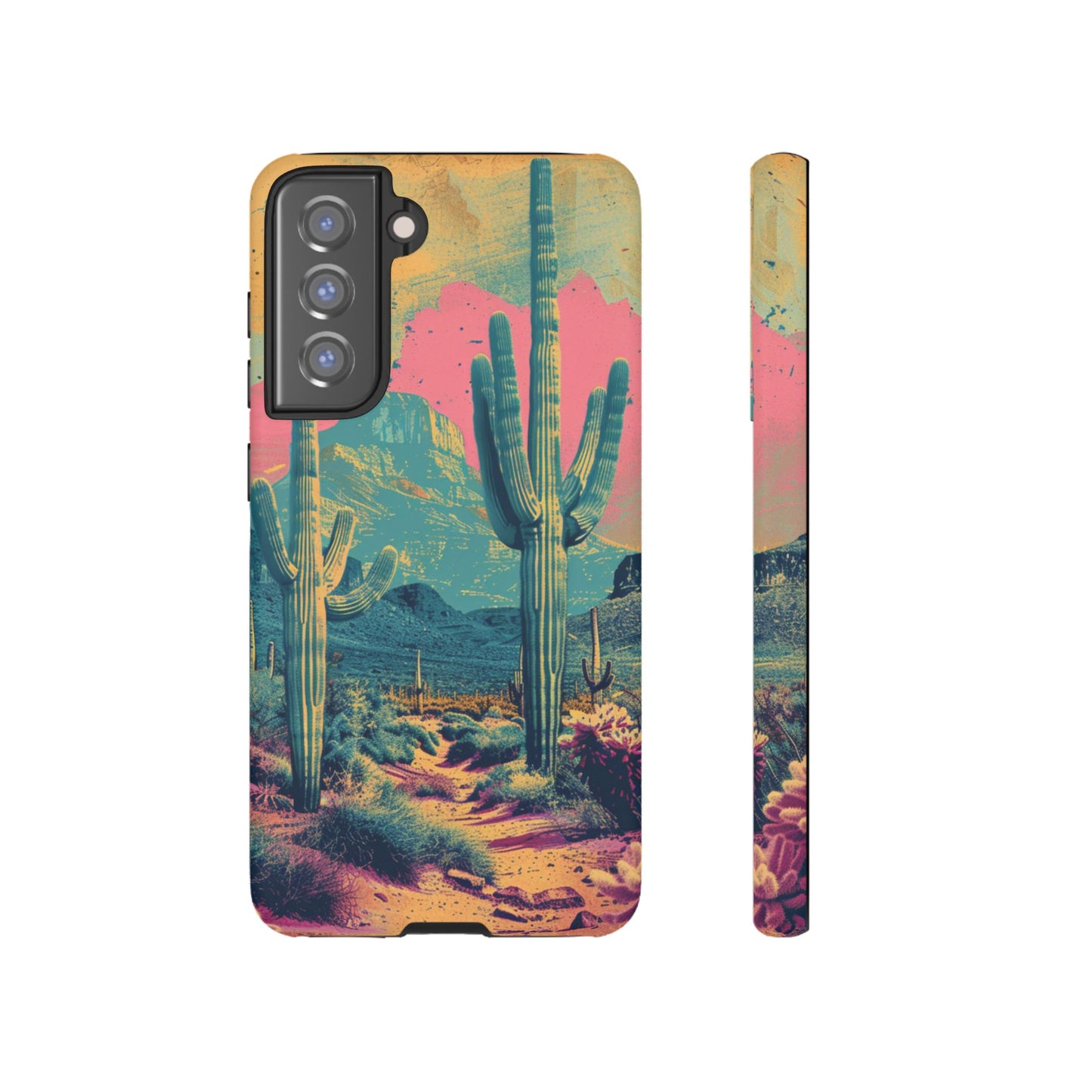 Desert Oasis Retro Cactus Phone Case - Vibrant Sunset Landscape for iPhone 15/14/13/12, Samsung S24/S23/S22/S21, & Google Pixel