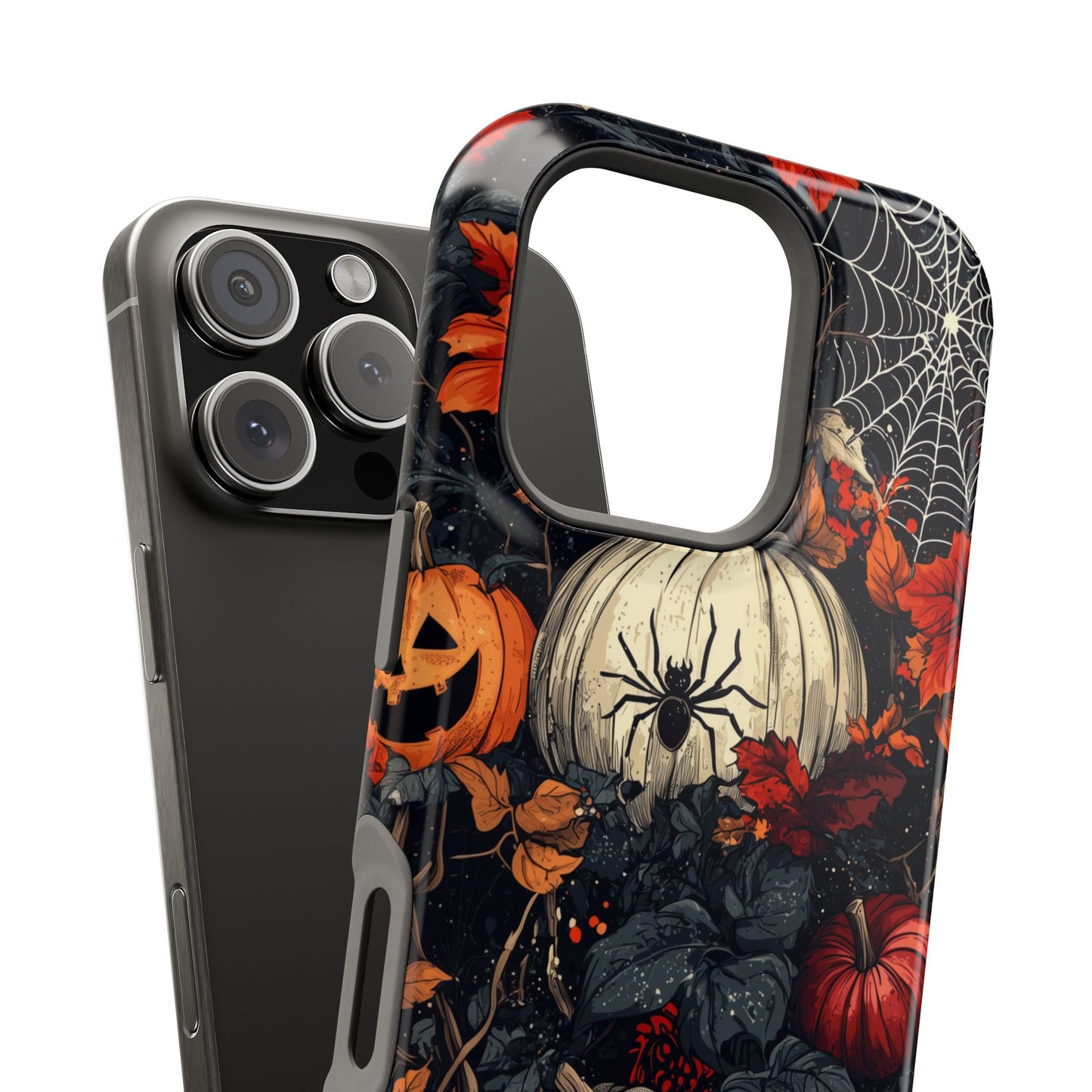 Hauntingly Elegant Halloween MagSafe iPhone Case – Pumpkins, Spiders, and Autumn Leaves Design