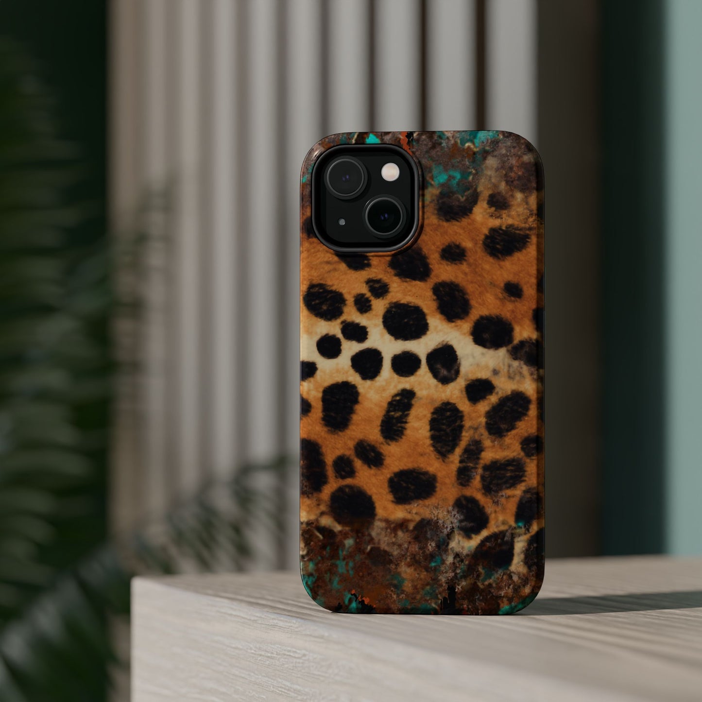 Rustic Leopard Print Tough MagSafe iPhone Case – Distressed Turquoise and Animal Pattern with Dual-Layer Protection