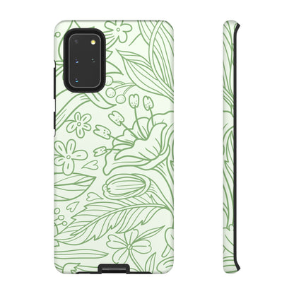 Sage Green Floral Line Art Tough Samsung Galaxy Case – Minimalist Botanical Design with Dual-Layer Protection