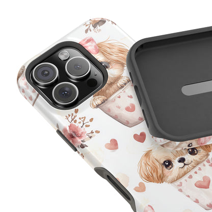 Cute Puppies in Heart MagSafe iPhone Case – Adorable Dog & Floral Design, Shockproof & Slim