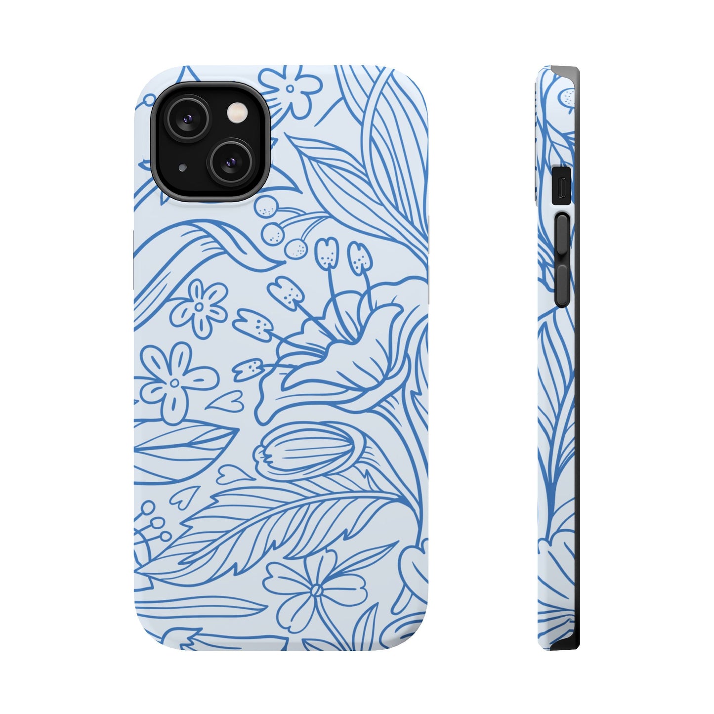 Dusty Blue Floral Line Art Tough MagSafe iPhone Case – Minimalist Botanical Design with Dual-Layer Protection