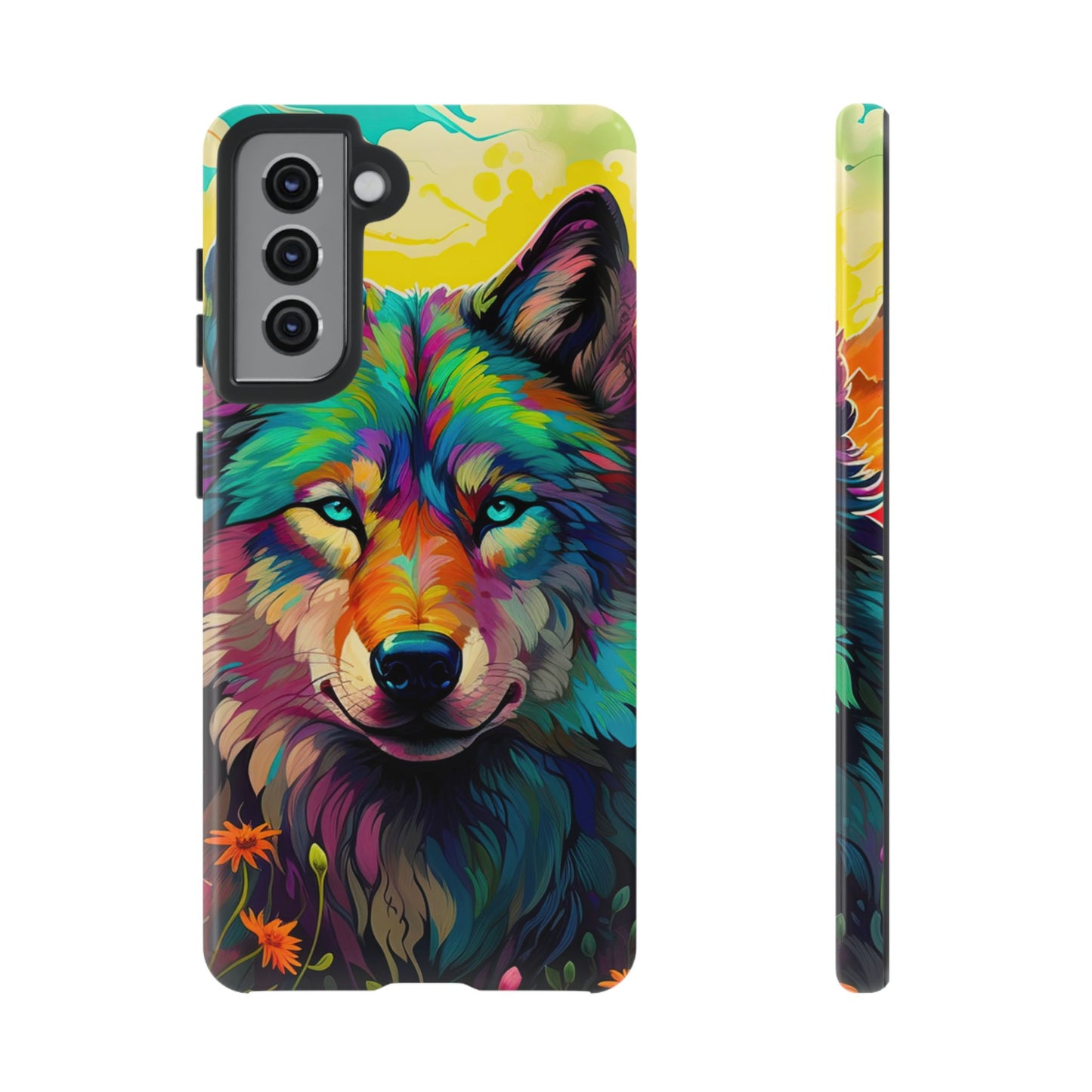 Rainbow Wolf in Bloom – Samsung Galaxy Case with Vivid Nature Design