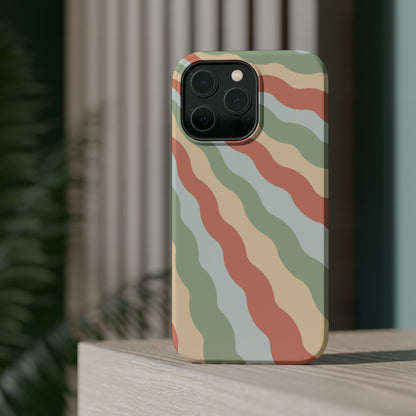 Earthy Retro Waves MagSafe iPhone Case – 70s-Inspired Wavy Stripes in Soft Green, Cream, and Rust