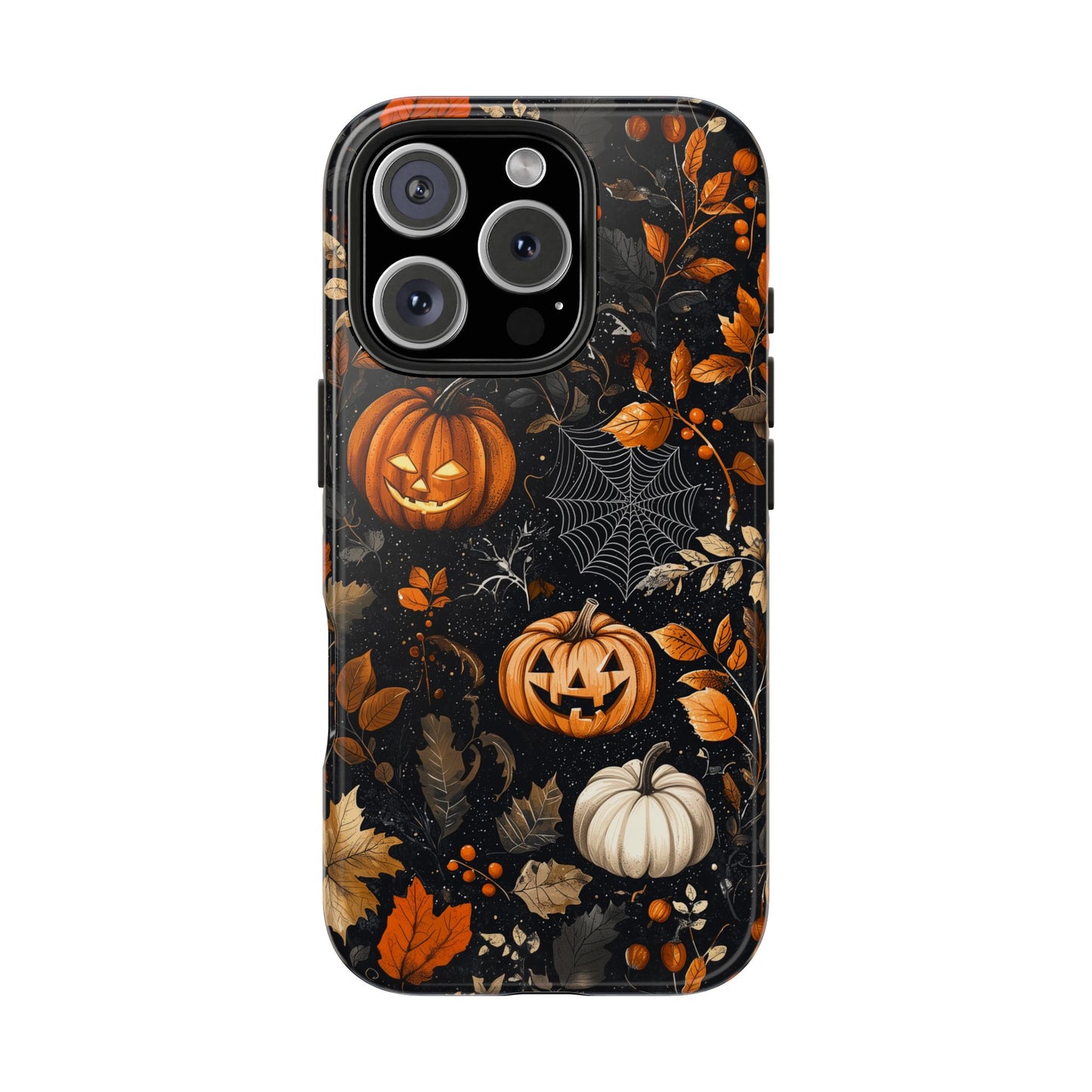 Elegant Halloween iPhone Case – Pumpkin Jack-o'-Lanterns, Cobwebs & Autumn Foliage Design