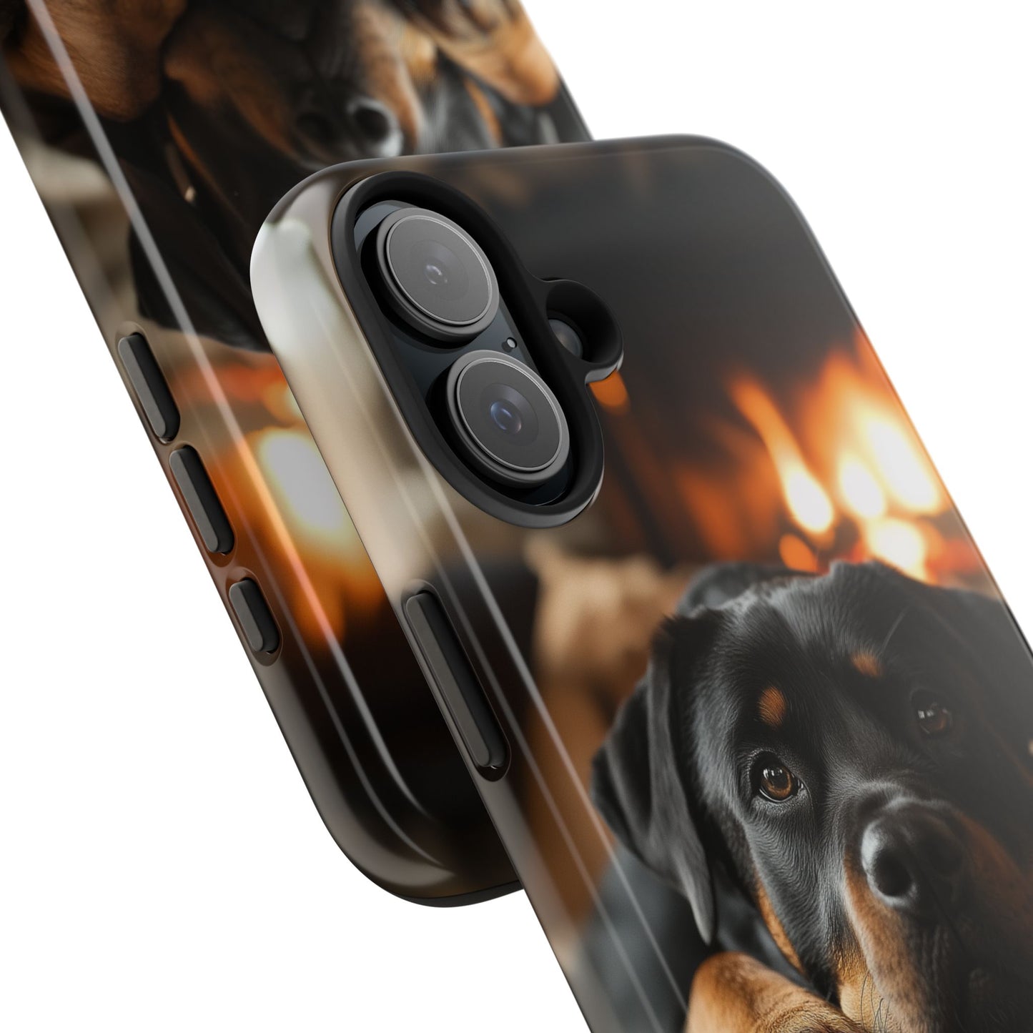 Cozy Rottweiler by the Fireplace iPhone Case – Warm Rustic Design