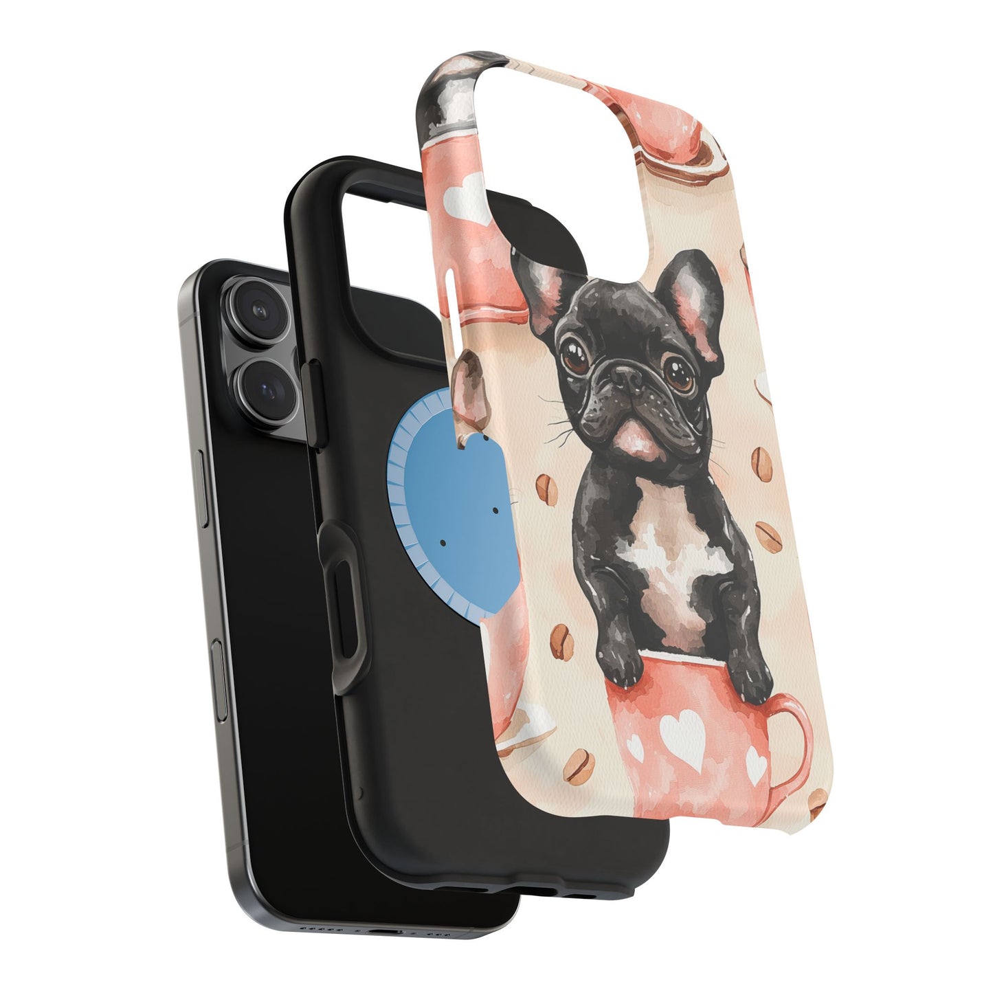 French Bulldogs in Coffee Cup MagSafe iPhone Case – Cute Dog Art, Shockproof & Slim Design