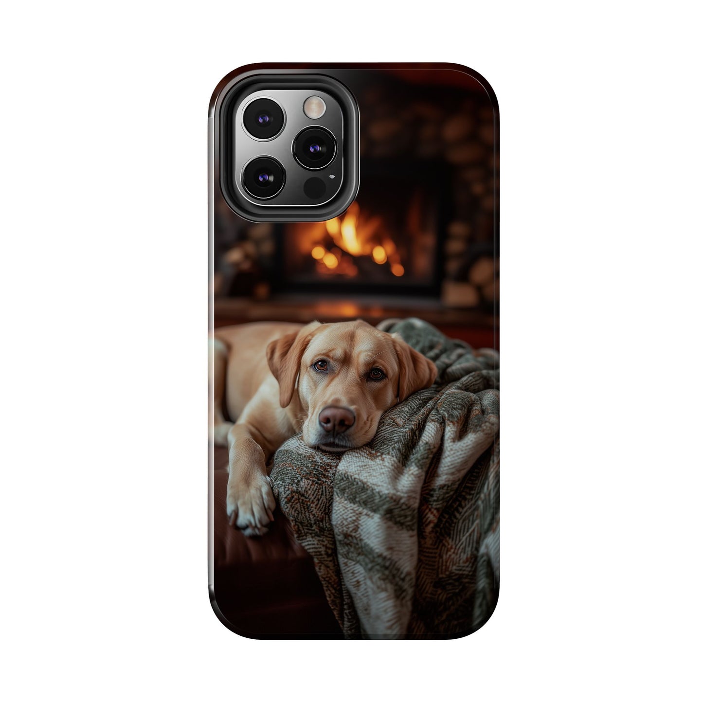 Cozy Labrador by Fireplace iPhone Case – Rustic Cabin Protective Cover