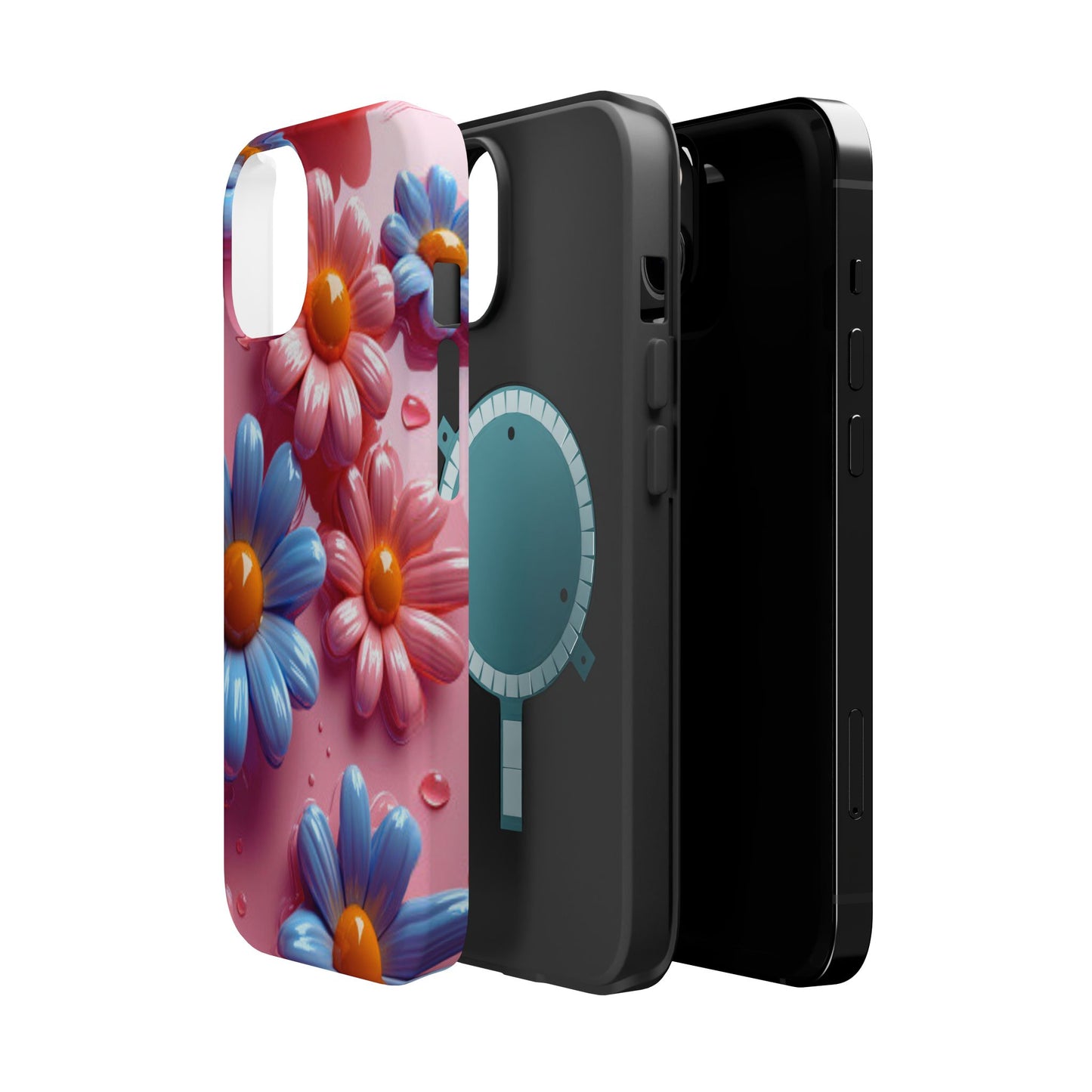 Pastel Daisy 3D MagSafe iPhone Case – Glossy Pink and Blue Floral Design, Full Protection