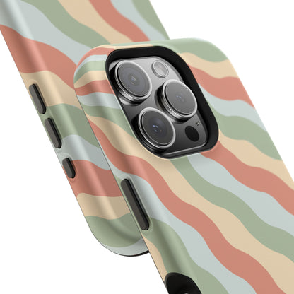 Earthy Retro Waves MagSafe iPhone Case – 70s-Inspired Wavy Stripes in Soft Green, Cream, and Rust