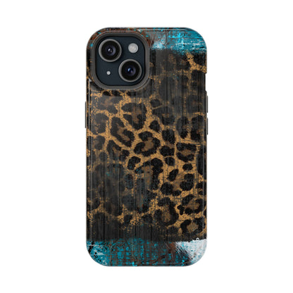 Boho Leopard and Turquoise Tough MagSafe iPhone Case – Rustic Western Design with Dual-Layer Protection