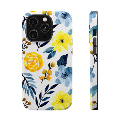 Golden Yellow & Sky Blue Floral – Watercolor Botanical MagSafe iPhone Case