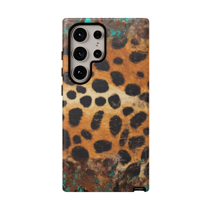 Rustic Leopard Print Tough Samsung Galaxy Case – Distressed Turquoise and Animal Pattern with Dual-Layer Protection