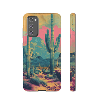 Desert Oasis Retro Cactus Phone Case - Vibrant Sunset Landscape for iPhone 15/14/13/12, Samsung S24/S23/S22/S21, & Google Pixel