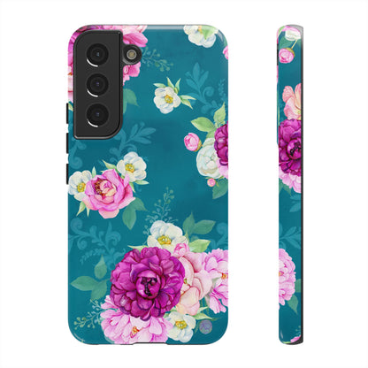 Elegant Peony Bouquet Samsung Galaxy Case – Deep Teal Background with Romantic Floral Design