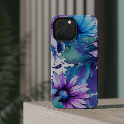 Purple & Teal Watercolor Floral MagSafe iPhone Case - Artistic Flower Design