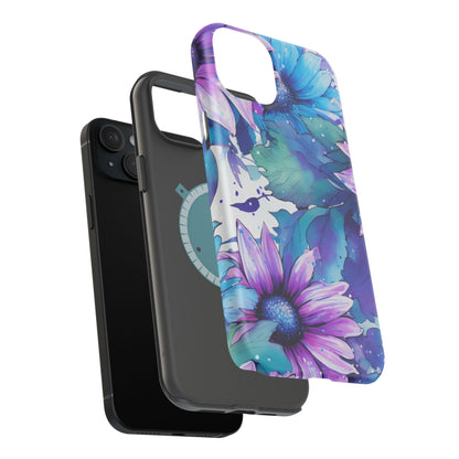 Purple & Teal Watercolor Floral MagSafe iPhone Case - Artistic Flower Design