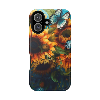 Aqua Blue Butterfly & Sunflower Art – MagSafe iPhone Case