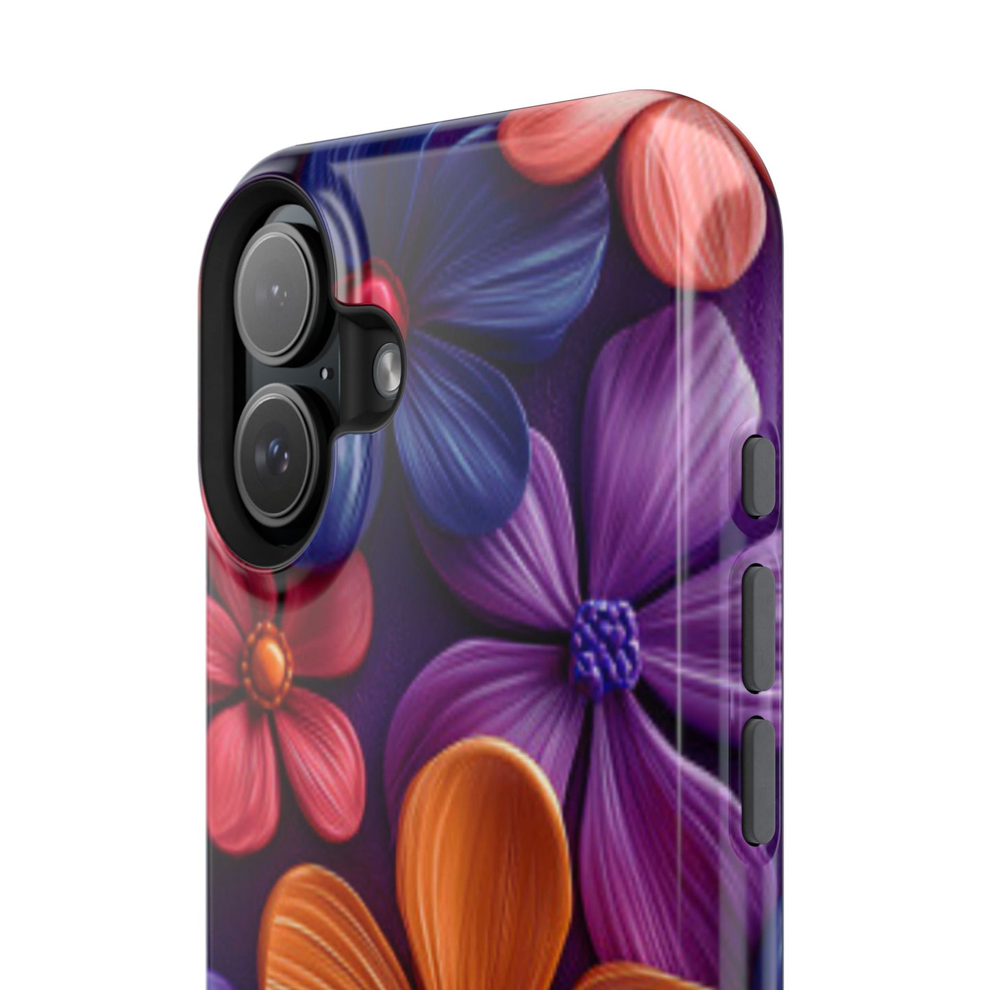 Bold Floral 3D MagSafe iPhone Case – Vivid Purple and Orange Flower Design, Shock-Resistant