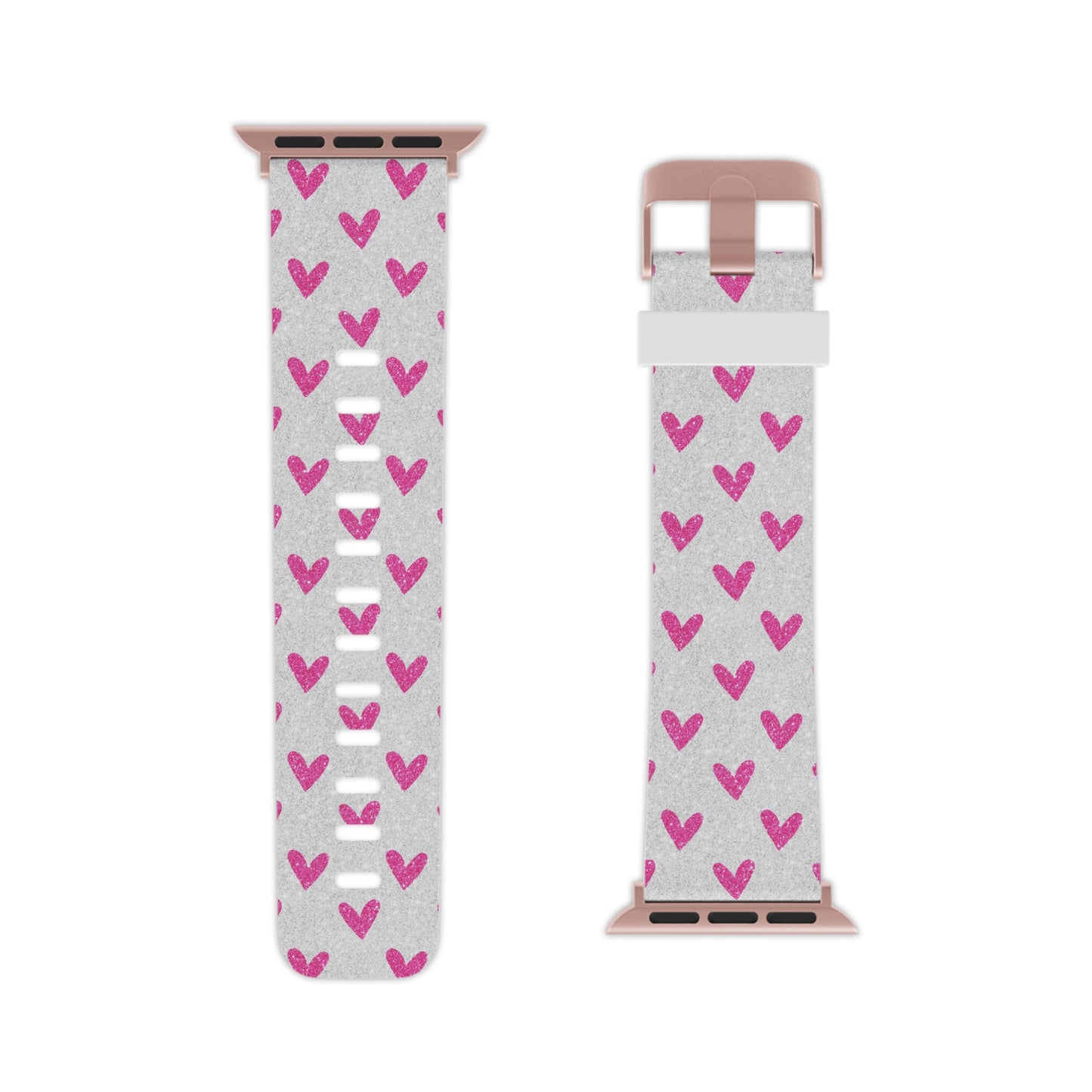 Pink Hearts on Glitter Silver Apple Watch Band