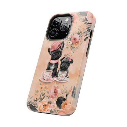 Floral French Bulldogs iPhone Case – Elegant Dog Design with Tea Cups & Roses, Shockproof Protection - BOGO Cases