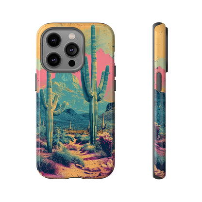 Desert Oasis Retro Cactus Phone Case - Vibrant Sunset Landscape for iPhone 15/14/13/12, Samsung S24/S23/S22/S21, & Google Pixel