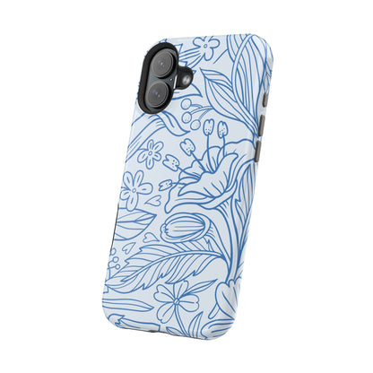 Dusty Blue Floral Line Art Tough MagSafe iPhone Case – Minimalist Botanical Design with Dual-Layer Protection