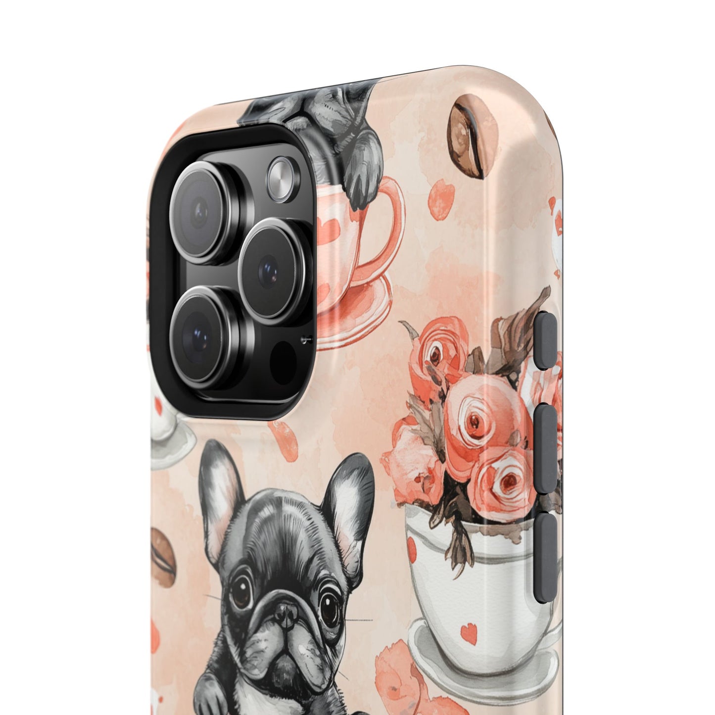 French Bulldogs in Heart Teacups MagSafe iPhone Case – Cute Dog & Floral Design, Shockproof Protection