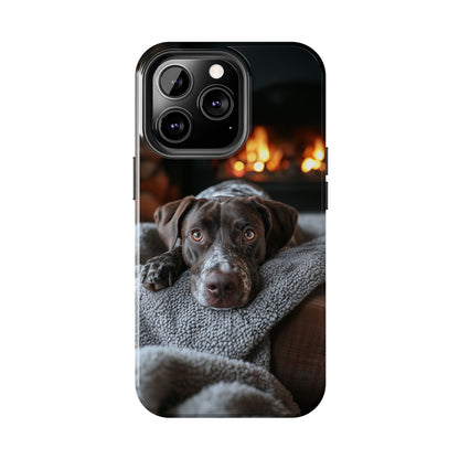 Cozy German Shorthaired Pointer iPhone Case – Rustic Fireplace Protective Cover