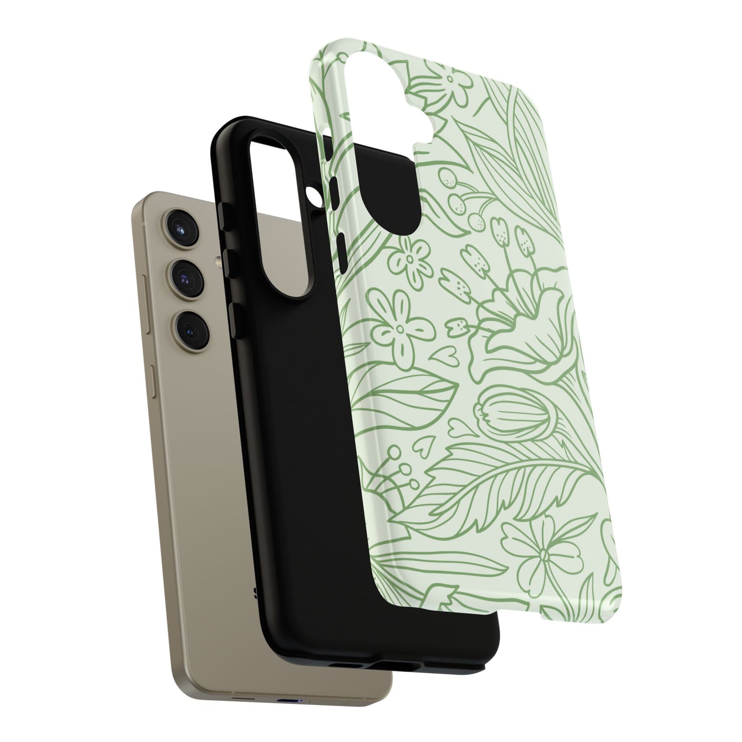 Sage Green Floral Line Art Tough Samsung Galaxy Case – Minimalist Botanical Design with Dual-Layer Protection