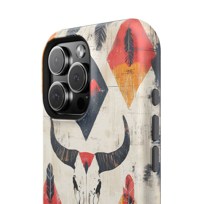 Western Bull Skull & Feathers Tough Mag Safe iPhone Case – Bold Tribal Design, Dual-Layer Protection