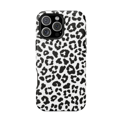 Monochrome Leopard Print Tough MagSafe iPhone Case – Classic Black and White Design with Dual-Layer Protection