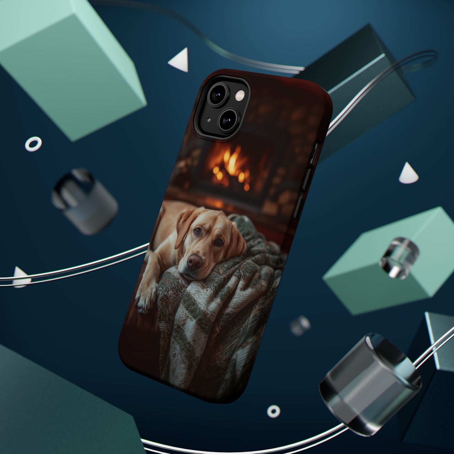 Cozy Labrador by Fireplace MagSafe iPhone Case – Rustic Cabin Protective Cover