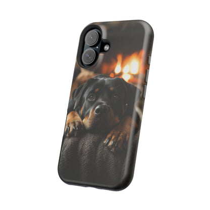 Cozy Rottweiler by the Fireplace MagSafe iPhone Case – Warm Rustic Design