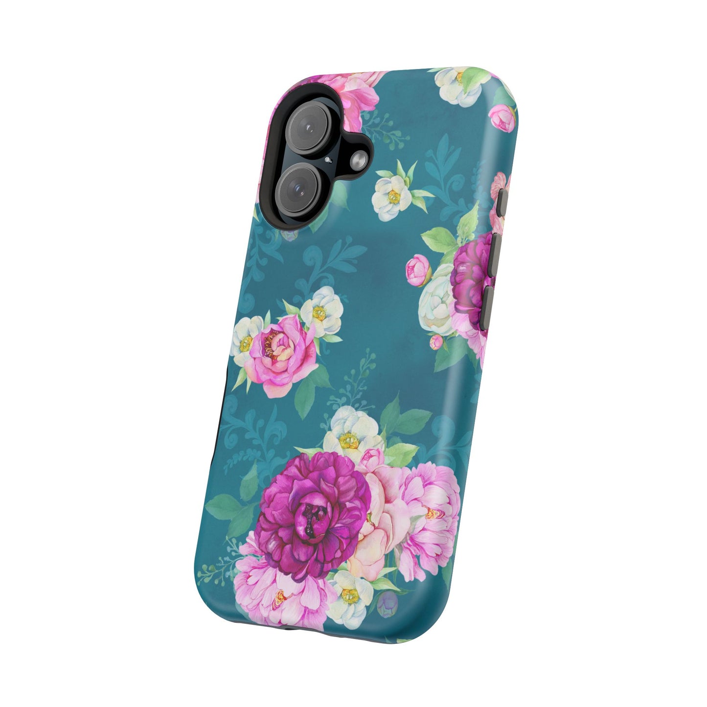 Elegant Peony Bouquet MagSafe iPhone Case – Deep Teal Background with Romantic Floral Design